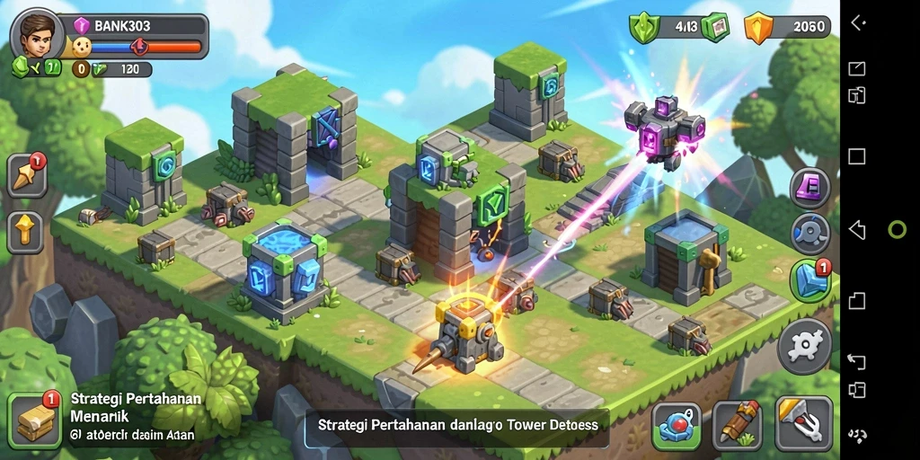 Tampilan gameplay BANK303 yang menegangkan dalam pertahanan menara.
