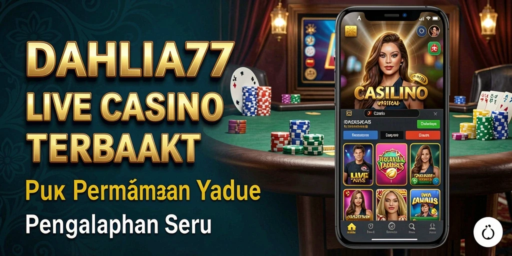 Screenshot gameplay Live Casino DAHLIA77 dengan dealer dan pemain berinteraksi.