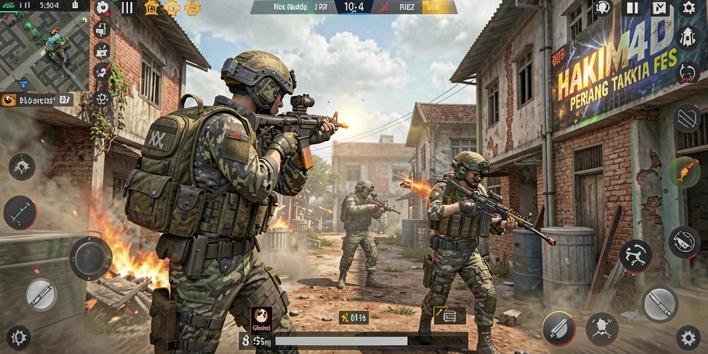 Gameplay HAKIM4D dengan aksi tembak-menembak yang intens.