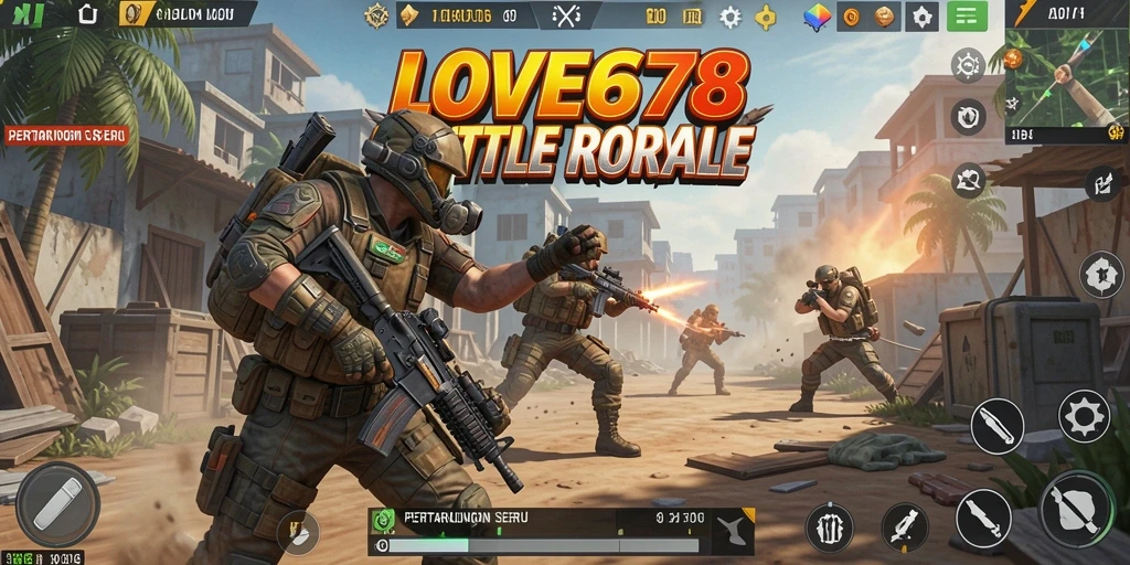 Tangkapan layar utama LOVE678 menampilkan aksi seru pertempuran Battle Royale.
