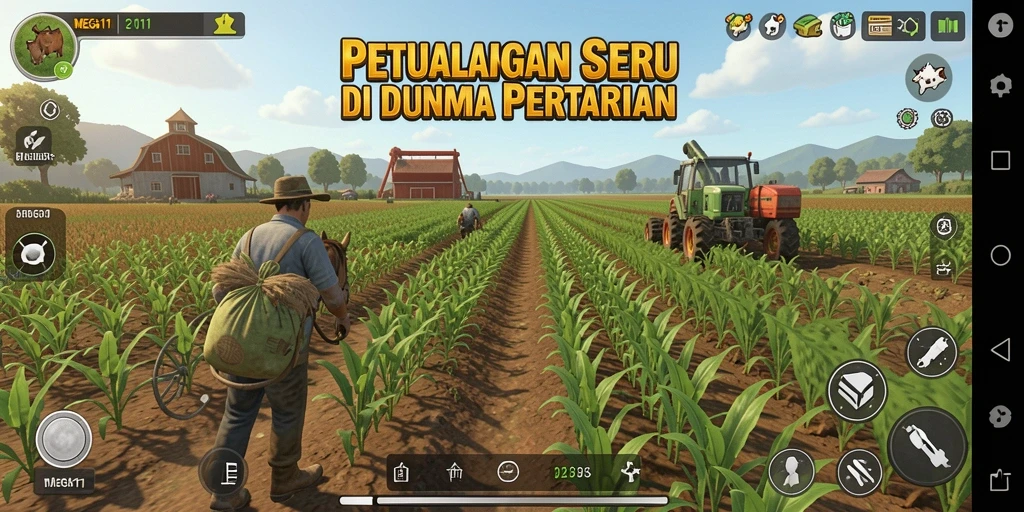 Screenshot utama MEGA111 menampilkan pemain sedang bercocok tanam di ladang hijau.