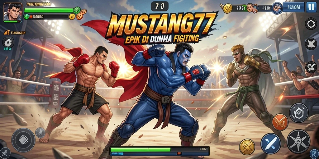 Tampilan aksi intens dalam pertarungan karakter di MUSTANG77.