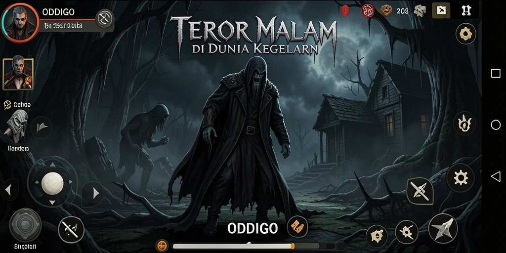 Screenshot utama ODDIGO menampilkan suasana mencekam saat pemain menjelajahi lokasi menyeramkan.