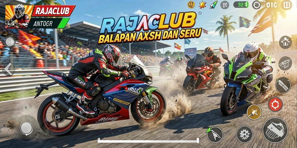 Tampilan gameplay balapan motor yang menegangkan di RAJACLUB.