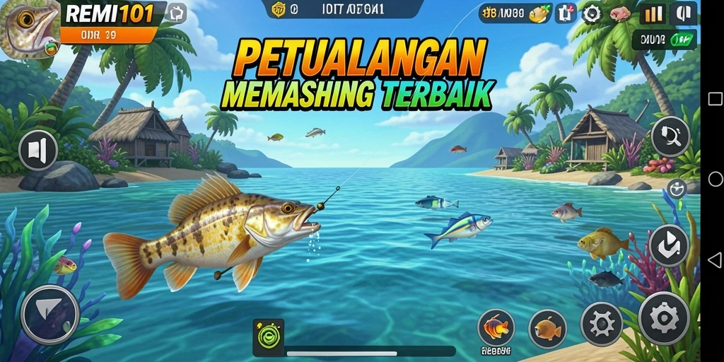 Tampilan gameplay REMI101 saat menangkap ikan di laut.