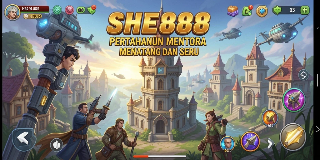 Tampilan gameplay seru dalam SHE888 dengan menara dan musuh yang menarik.