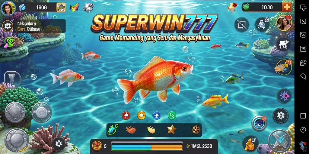 Screenshot menunjukkan pengguna memainkan SUPERWIN777 dengan antusias di lokasi memancing.