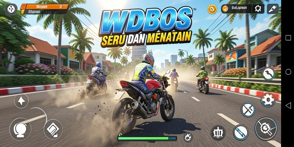 Screenshot utama WDBOS menampilkan aksi balapan motor yang mendebarkan.